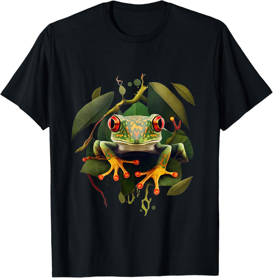 Leaping Frog Leaves Red Eyed Tree Frog Rainforest Amphibian T-Shirt - T-Shirt | Black