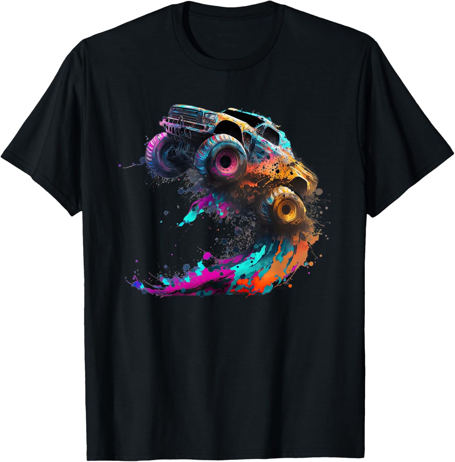 Airborne Monster Truck Jump Off Road Vehicle Colorful Dirt T-Shirt - T-Shirt | Black