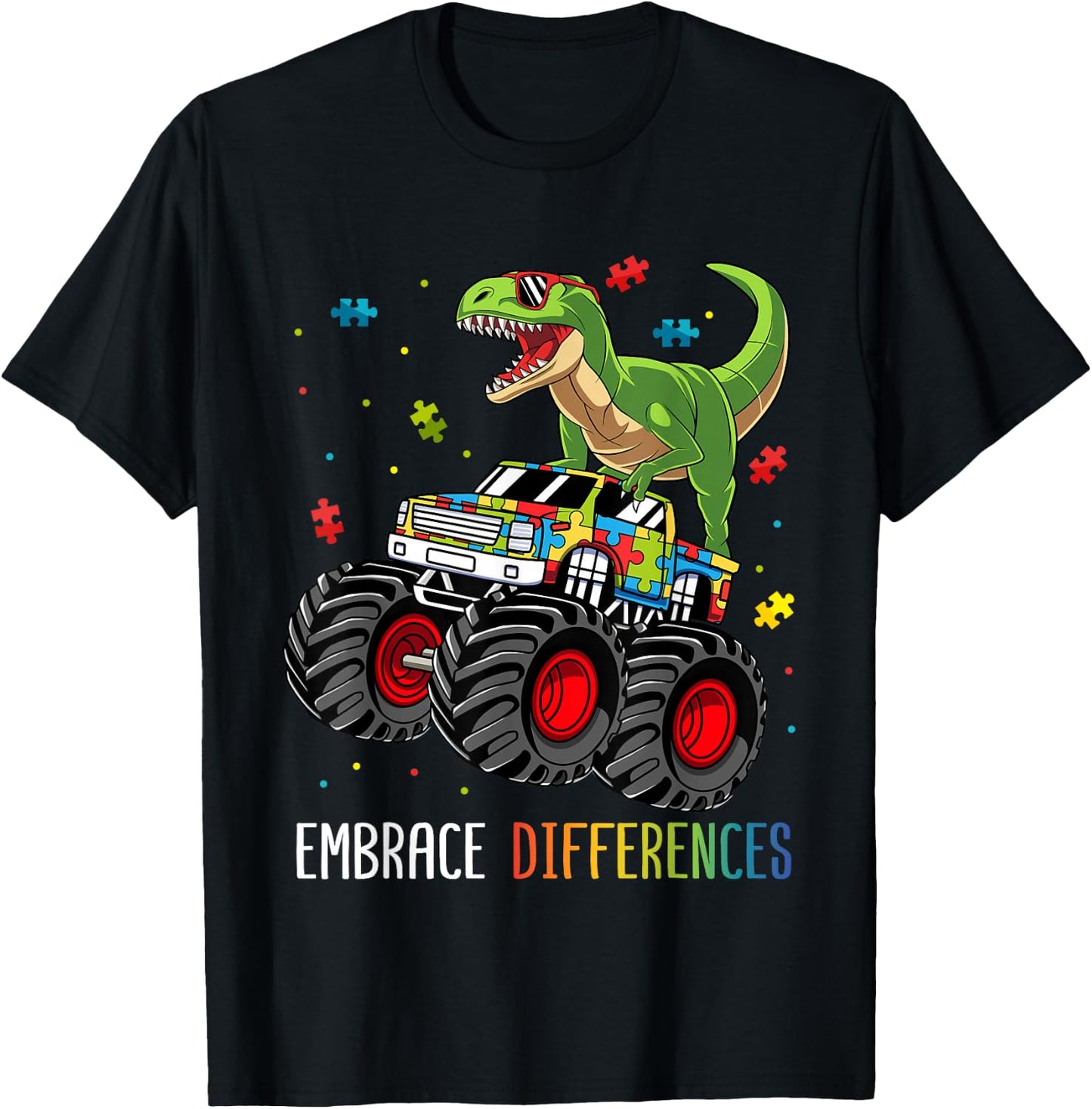 Autism Awareness T-Rex Monster Truck Embrace Differences T-Shirt - T-Shirt | Black