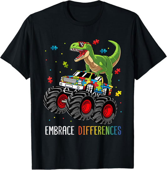Autism Awareness T-Rex Monster Truck Embrace Differences T-Shirt - T-Shirt | Black