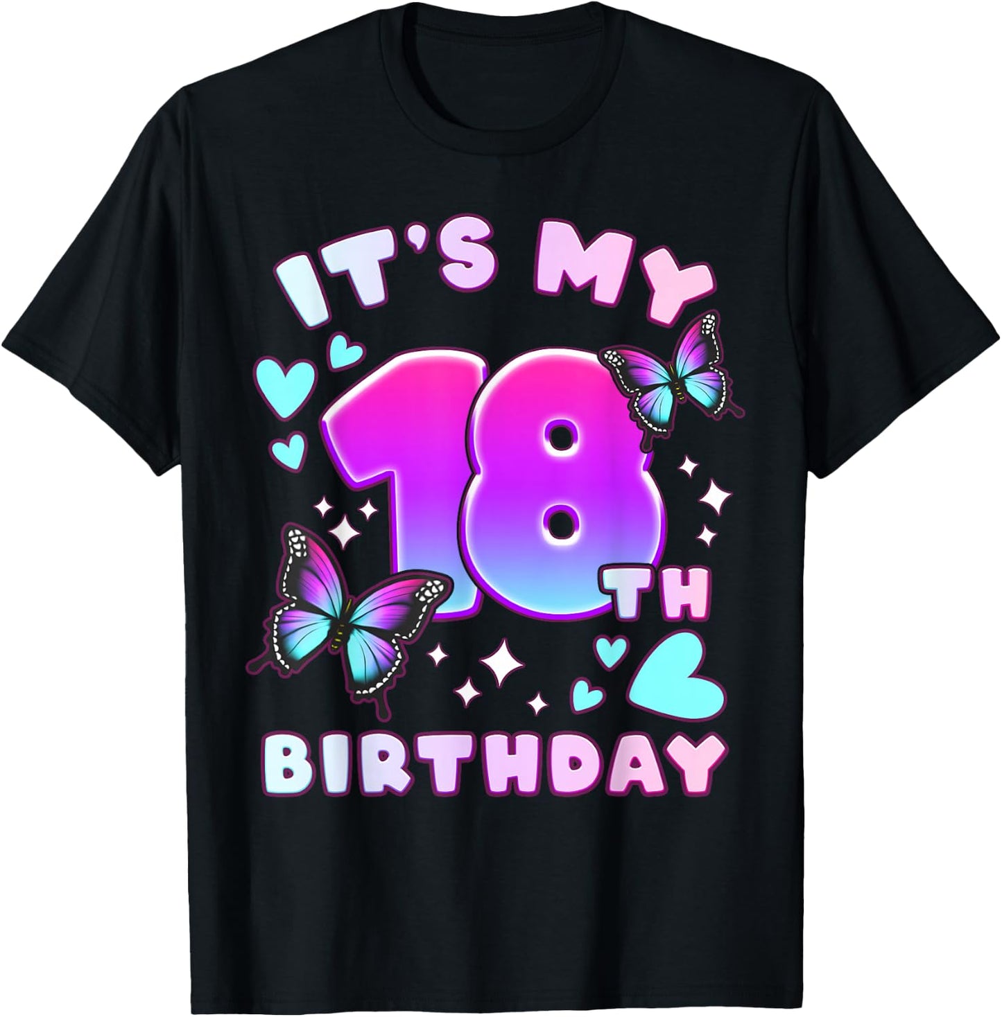 18th Birthday, Girl 18 years, Butterflies and Number 18 T-Shirt - T-Shirt | Black