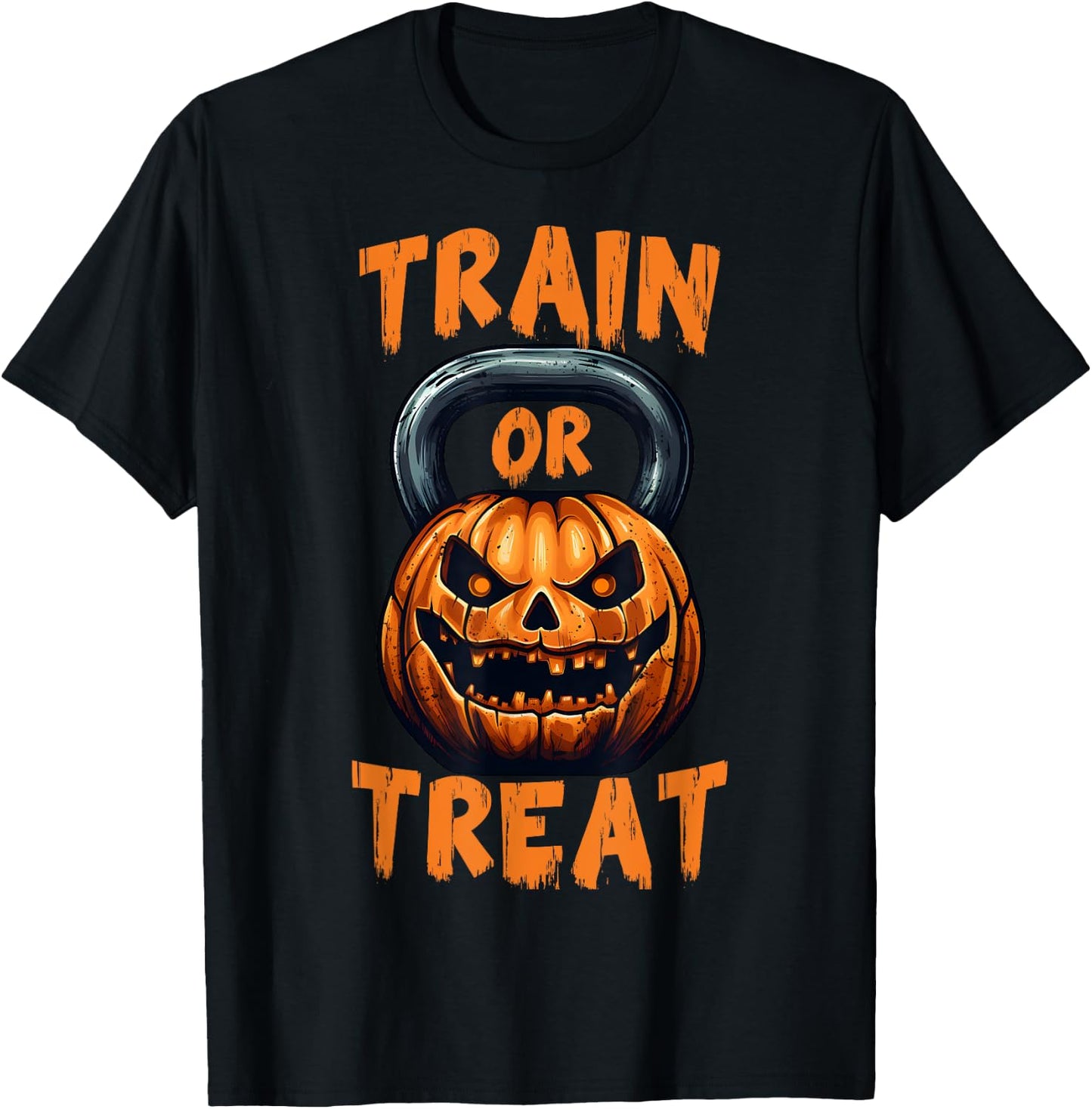 Train or Treat Halloween Pumpkin Kettlebell Gym Workout T-Shirt - T-Shirt | Black