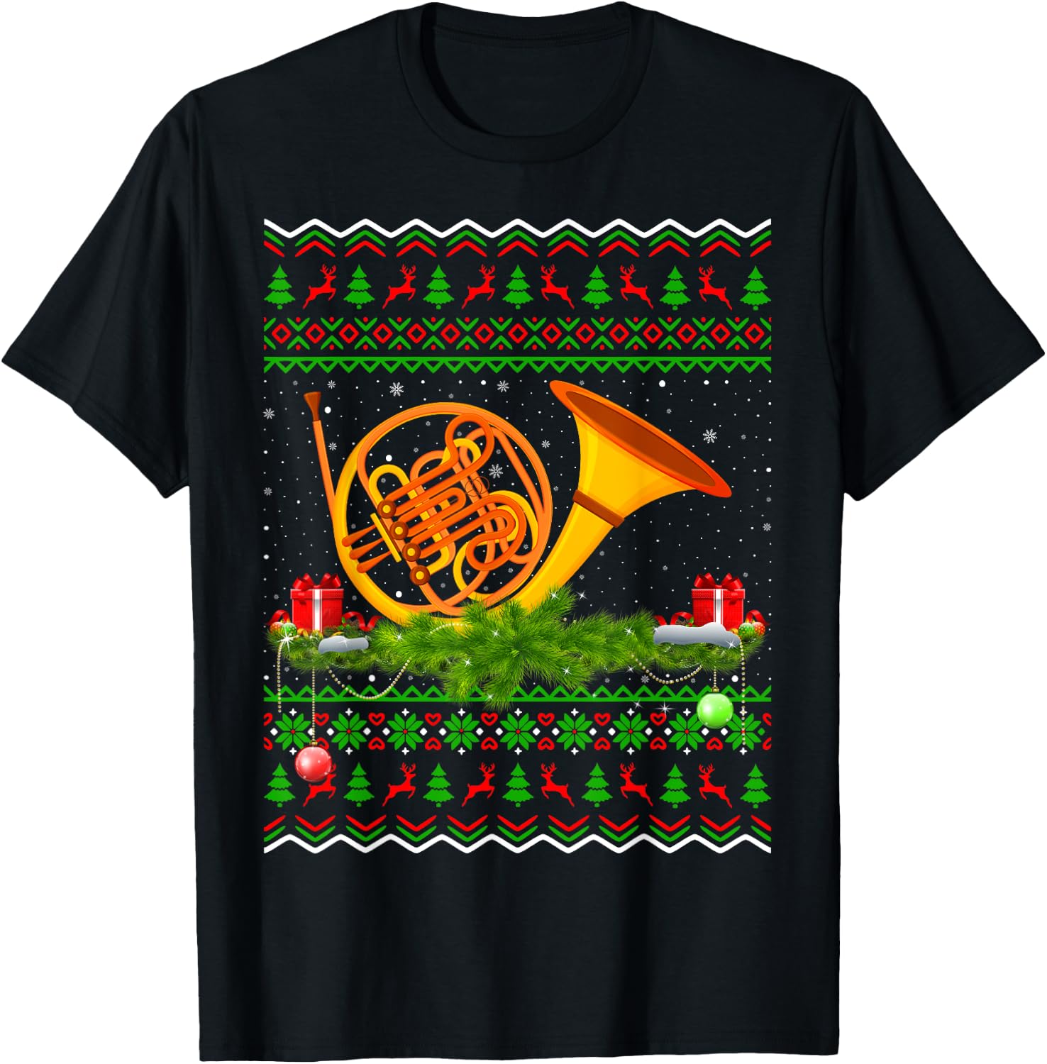 French Horn Musical Xmas Sweater Ugly French Horn Christmas T-Shirt - T-Shirt | Black