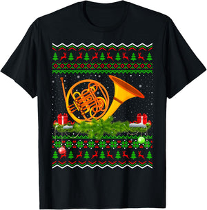 French Horn Musical Xmas Sweater Ugly French Horn Christmas T-Shirt - T-Shirt | Black