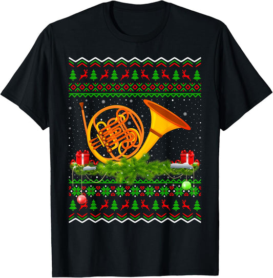 French Horn Musical Xmas Sweater Ugly French Horn Christmas T-Shirt - T-Shirt | Black
