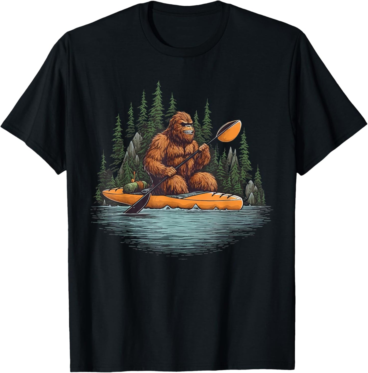 Bigfoot Kayak Paddling Lake Canoe Bigfoot Sasquatch Kayaking T-Shirt - T-Shirt | Black