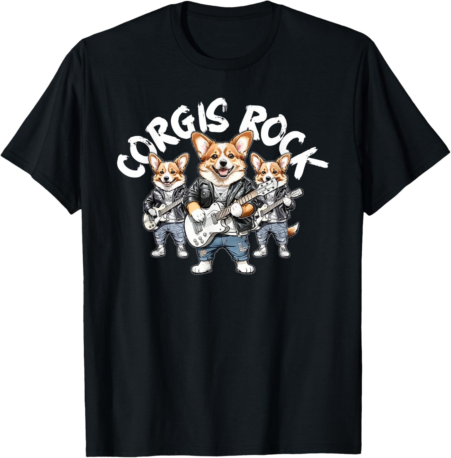 Corgis Rock Cute Cool Corgi Trio Rocking Out Playing Guitar T-Shirt - T-Shirt | Black