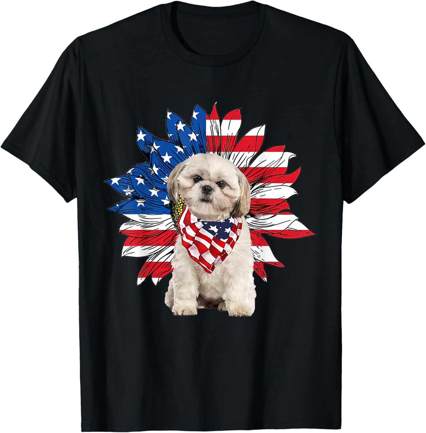 Shih Tzu American Flag Sunflower Dog Lovers 4th Of July T-Shirt - T-Shirt | Black