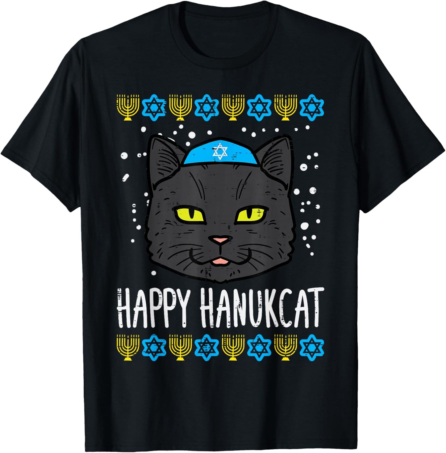 Happy Hanukcat Cat Ugly Hanukkah Chanukah Jew Men Women Kids T-Shirt - T-Shirt | Black