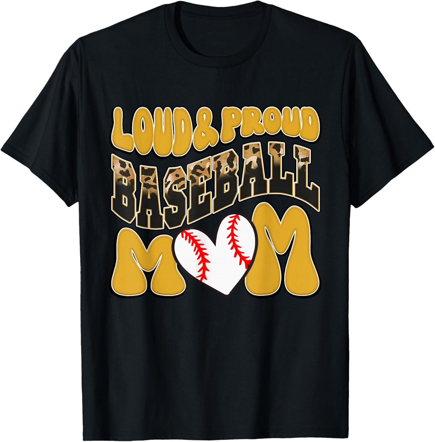 Loud Proud Baseball Mom Yellow Leopard Baseball Mom Mama T-Shirt - T-Shirt | Black