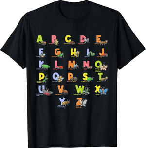 Alphabet Types of Insects Kids Bug Lover Future Entomologist T-Shirt - T-Shirt | Black