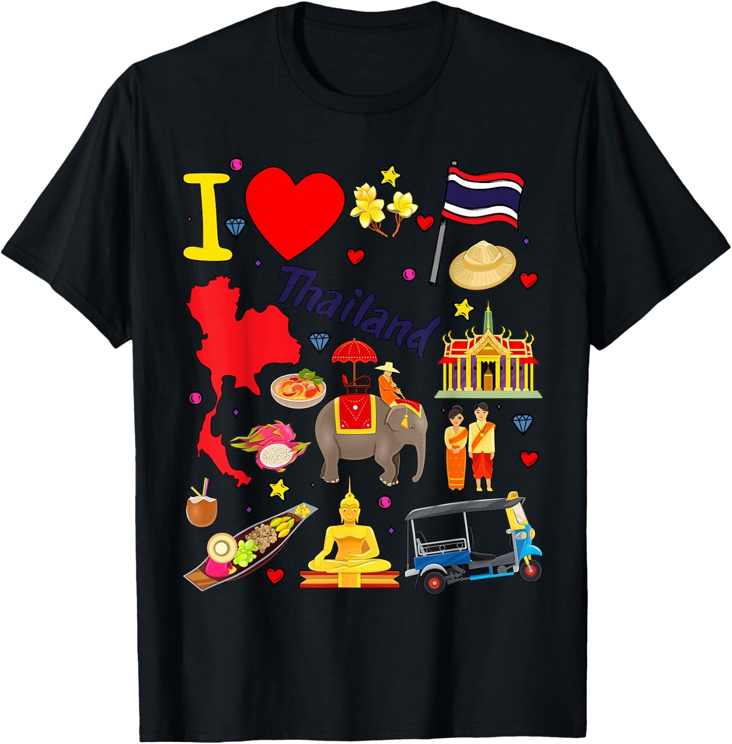I love Thailand. Hand drawn Thai Landmarks, flag and map T-Shirt - T-Shirt | Black
