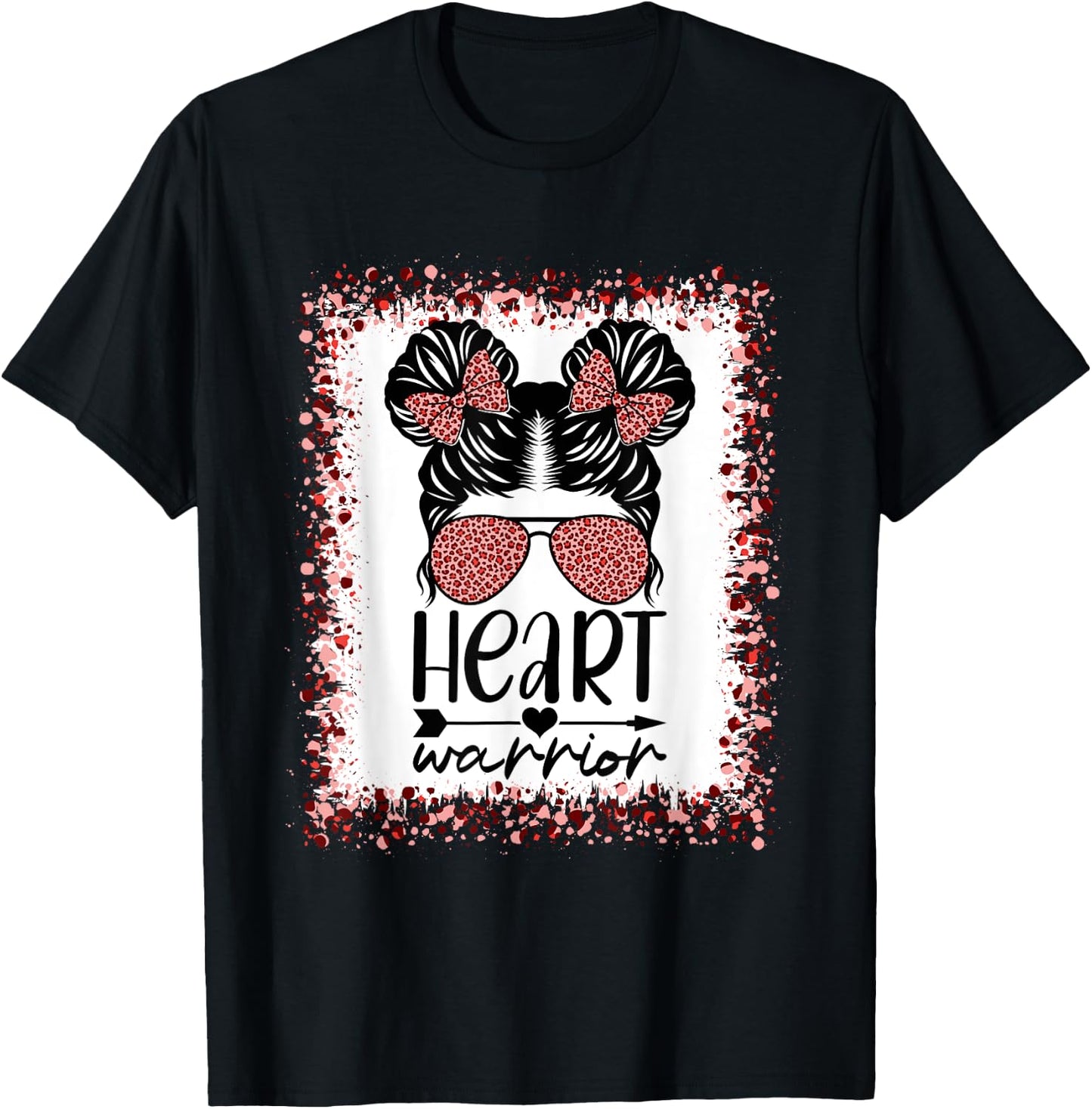 Heart Warrior Messy Bun Leopard Heart Disease Awareness T-Shirt - T-Shirt | Black