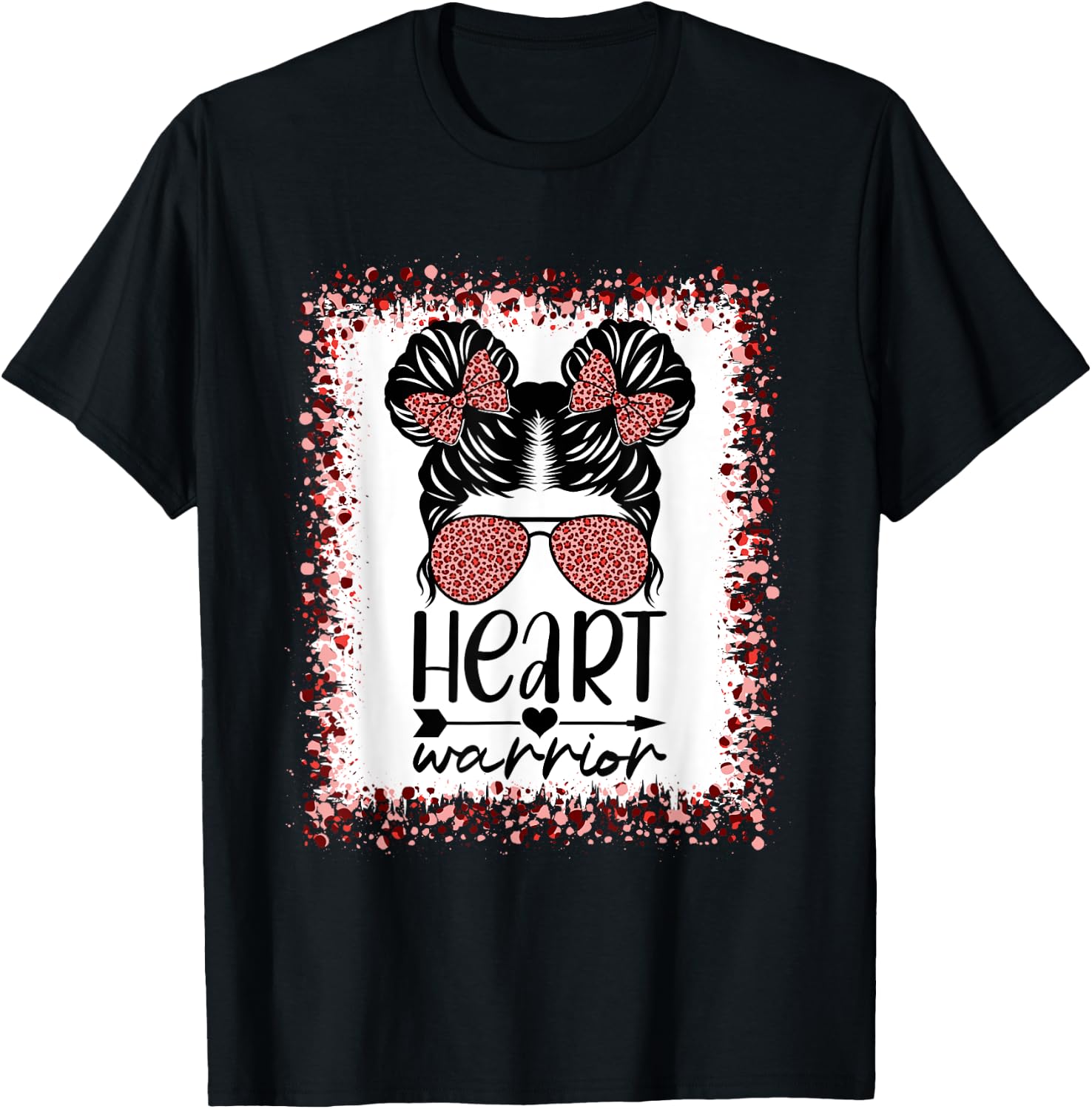 Heart Warrior Messy Bun Leopard Heart Disease Awareness T-Shirt - T-Shirt | Black