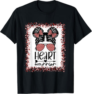 Heart Warrior Messy Bun Leopard Heart Disease Awareness T-Shirt - T-Shirt | Black