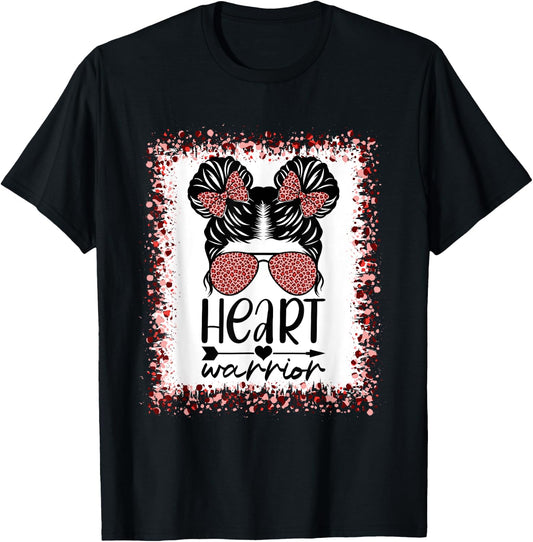 Heart Warrior Messy Bun Leopard Heart Disease Awareness T-Shirt - T-Shirt | Black