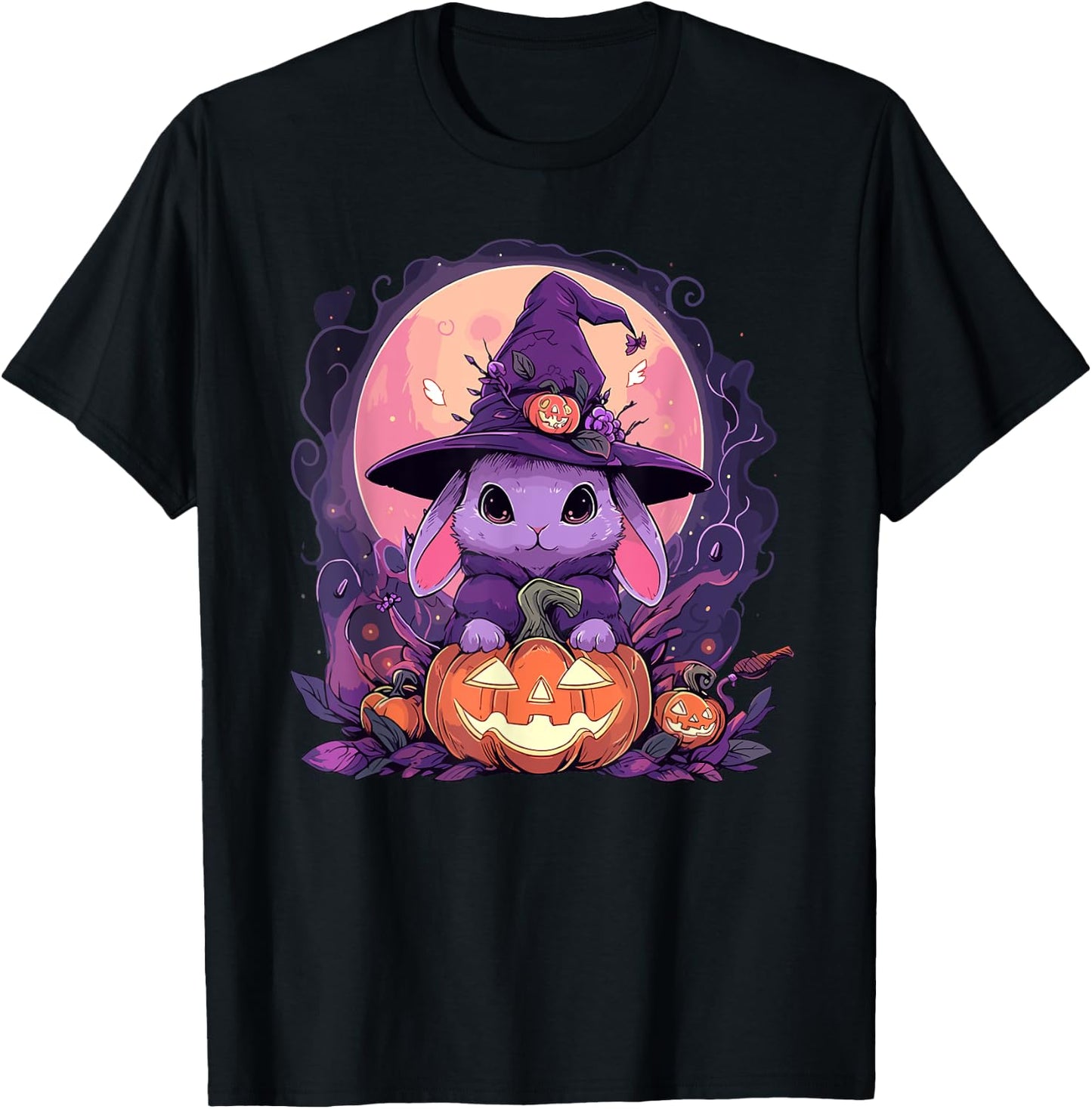 Halloween Cute Bunny Rabbit Witch Hat Jack o Lantern Graphic T-Shirt - T-Shirt | Black