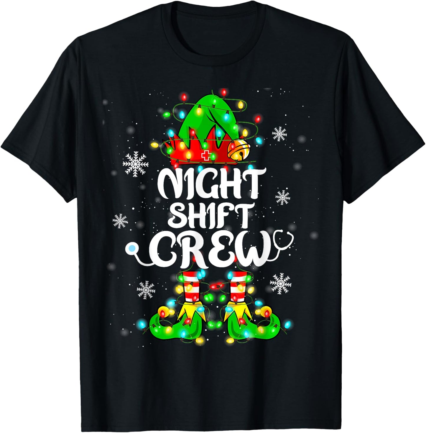 Night Shift Crew Funny Nurse Elf Chrsitmas Lights Cute Xmas T-Shirt - T-Shirt | Black