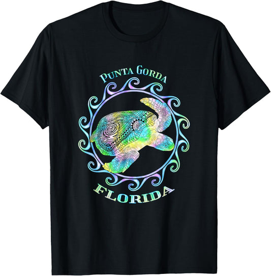 Punta Gorda Florida Vacation Colorful Tribal Turtle T-Shirt - T-Shirt | Black