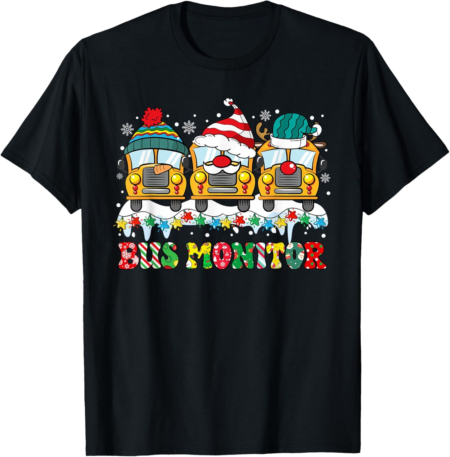 Bus Monitor Bus Santa Reindeer Snowman Xmas Lights Christmas T-Shirt - T-Shirt | Black