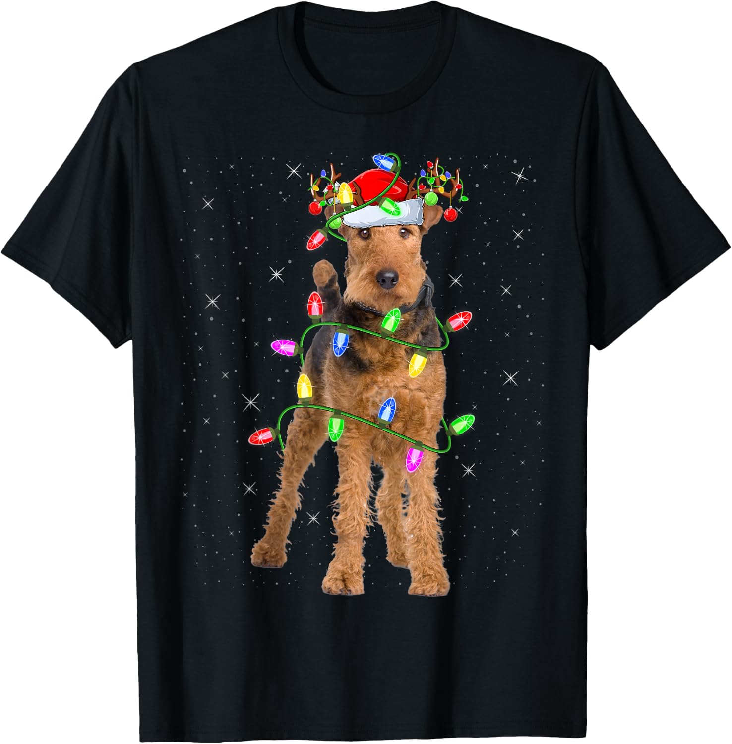 Xmas Holiday Lighting Santa Airedale Terrier Christmas T-Shirt - T-Shirt | Black