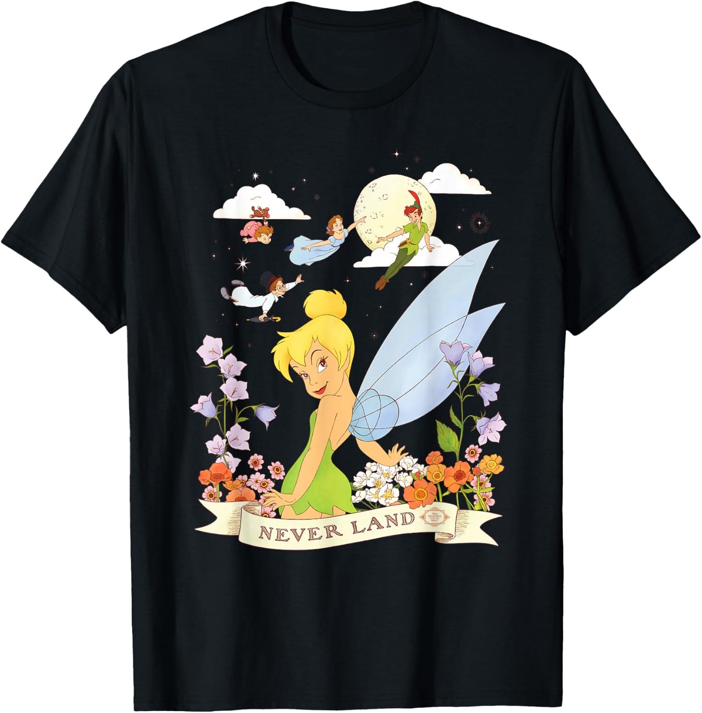 Disney Peter Pan Tinker Bell Never Land Flowers and Flight T-Shirt - T-Shirt | Black