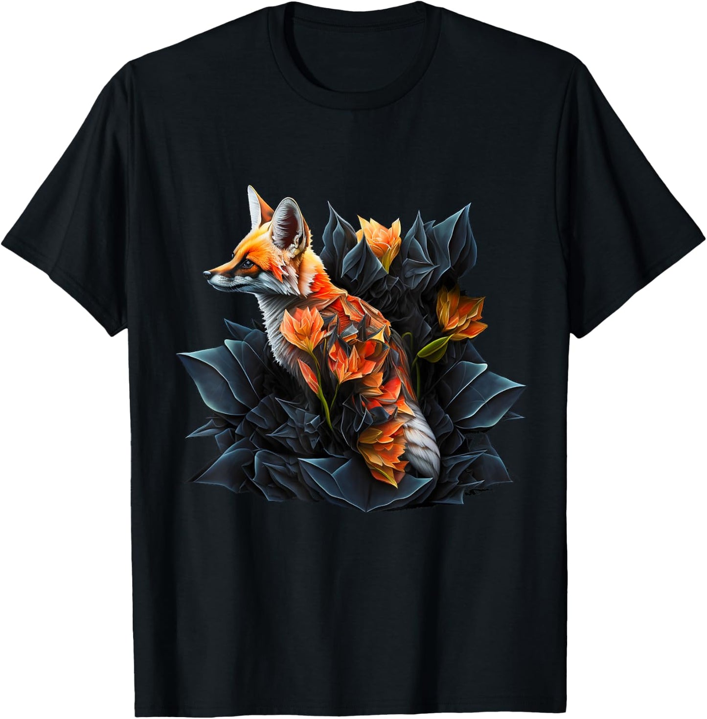 Fox art animal lovers motif animal flowers T-Shirt - T-Shirt | Black