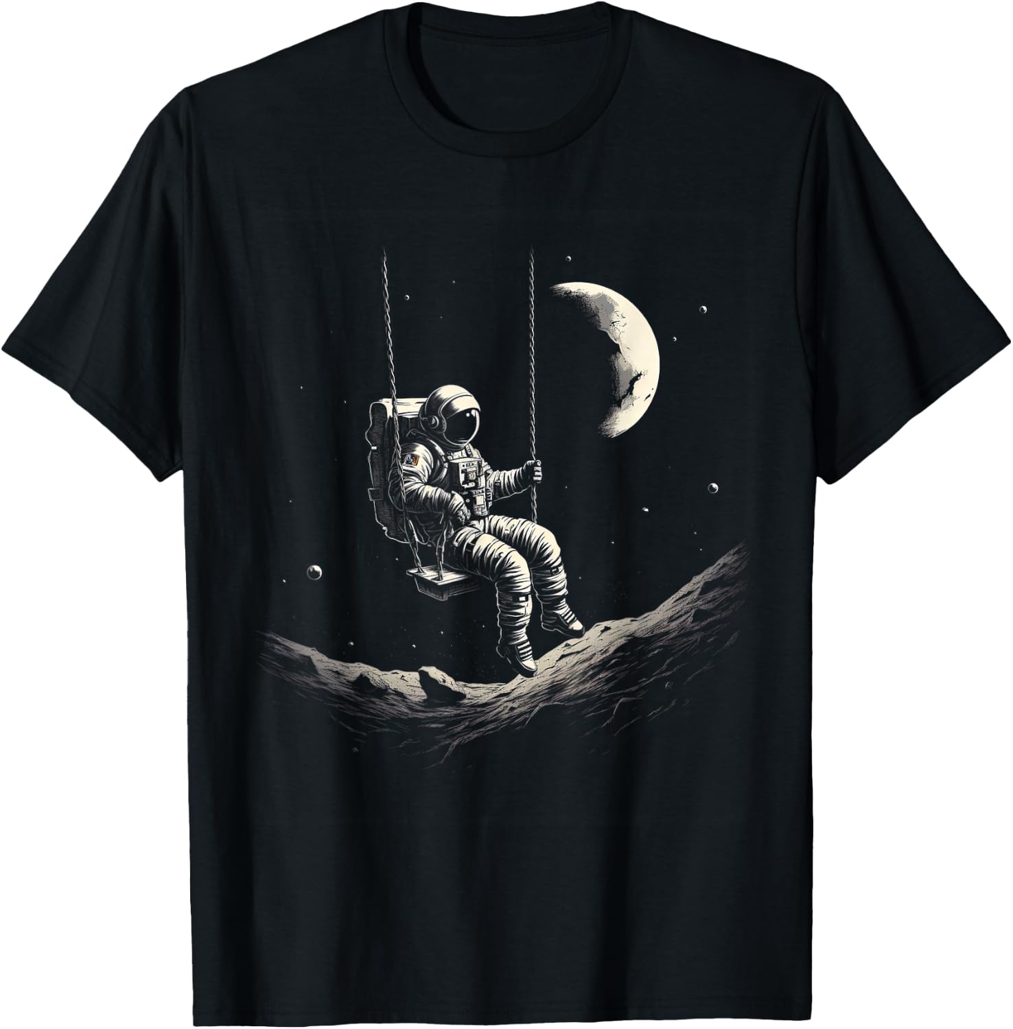 Astronaut Sitting on Swing in Space Stars and Moon T-Shirt - T-Shirt | Black