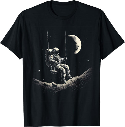 Astronaut Sitting on Swing in Space Stars and Moon T-Shirt - T-Shirt | Black