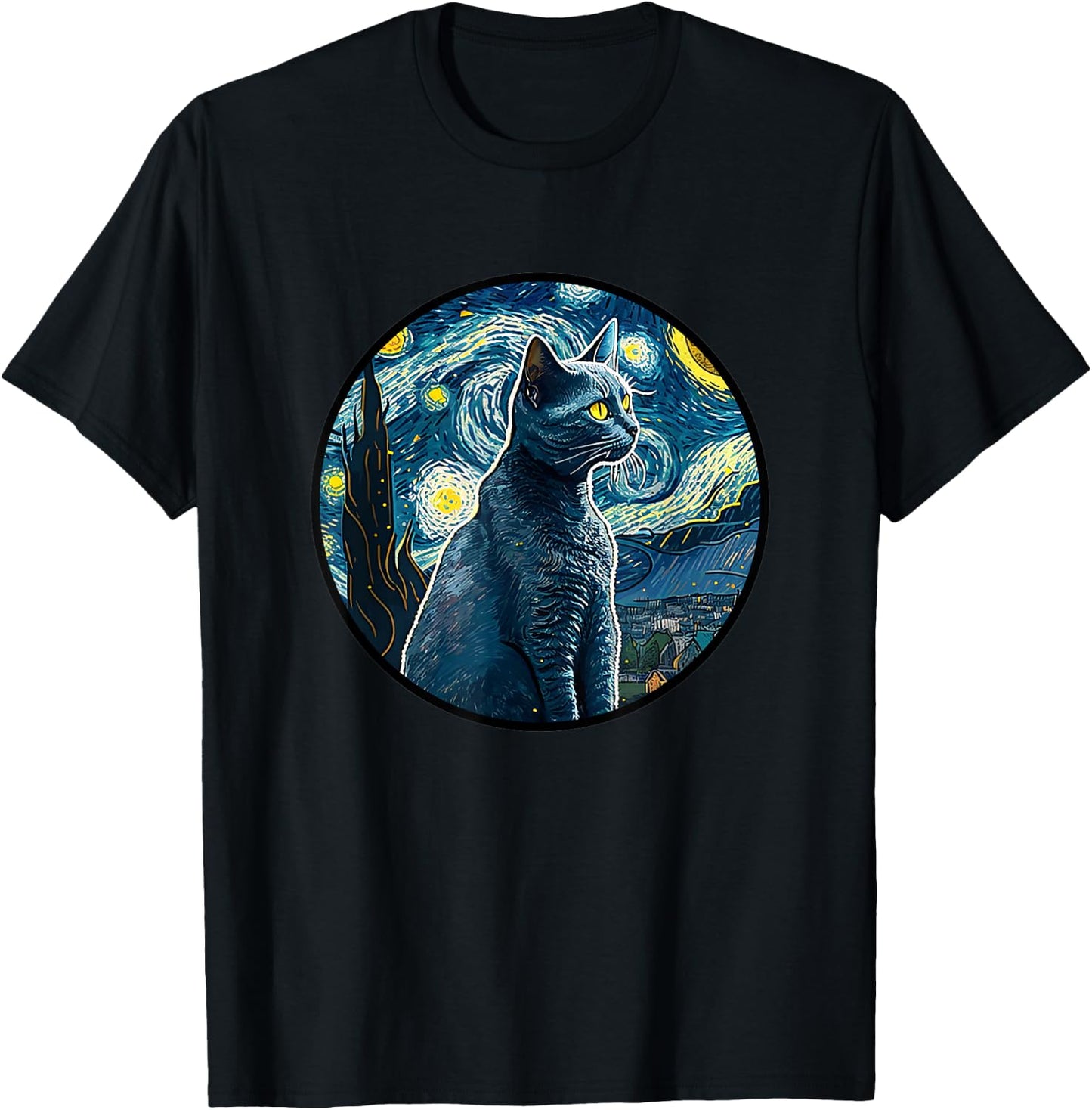 Russian Blue Cat in Starry Night Painting Men Women Kids T-Shirt - T-Shirt | Black
