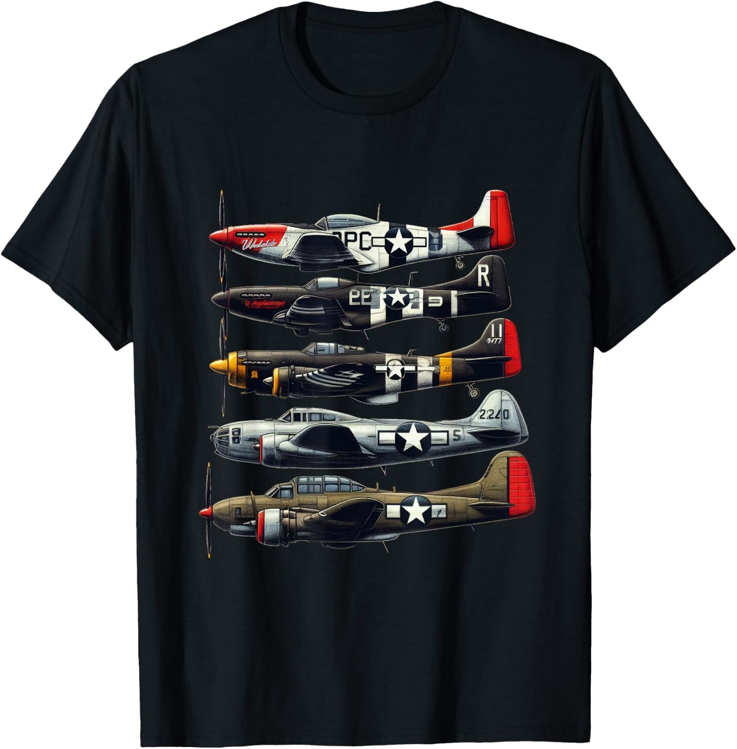 WW2 Warplanes B-17 P51 Mustang F4U Corsair P40 Warhawk T-Shirt - T-Shirt | Black