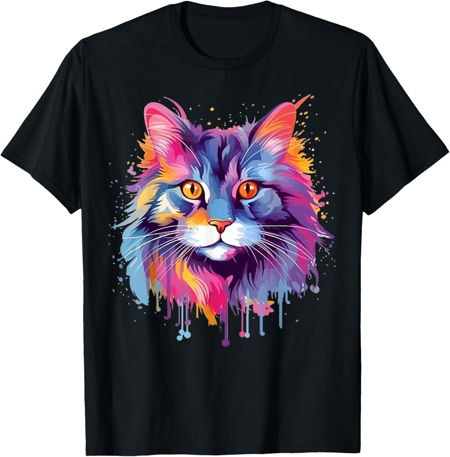 Colorful Splash Art Maine Coon Cat Face T-Shirt - T-Shirt | Black