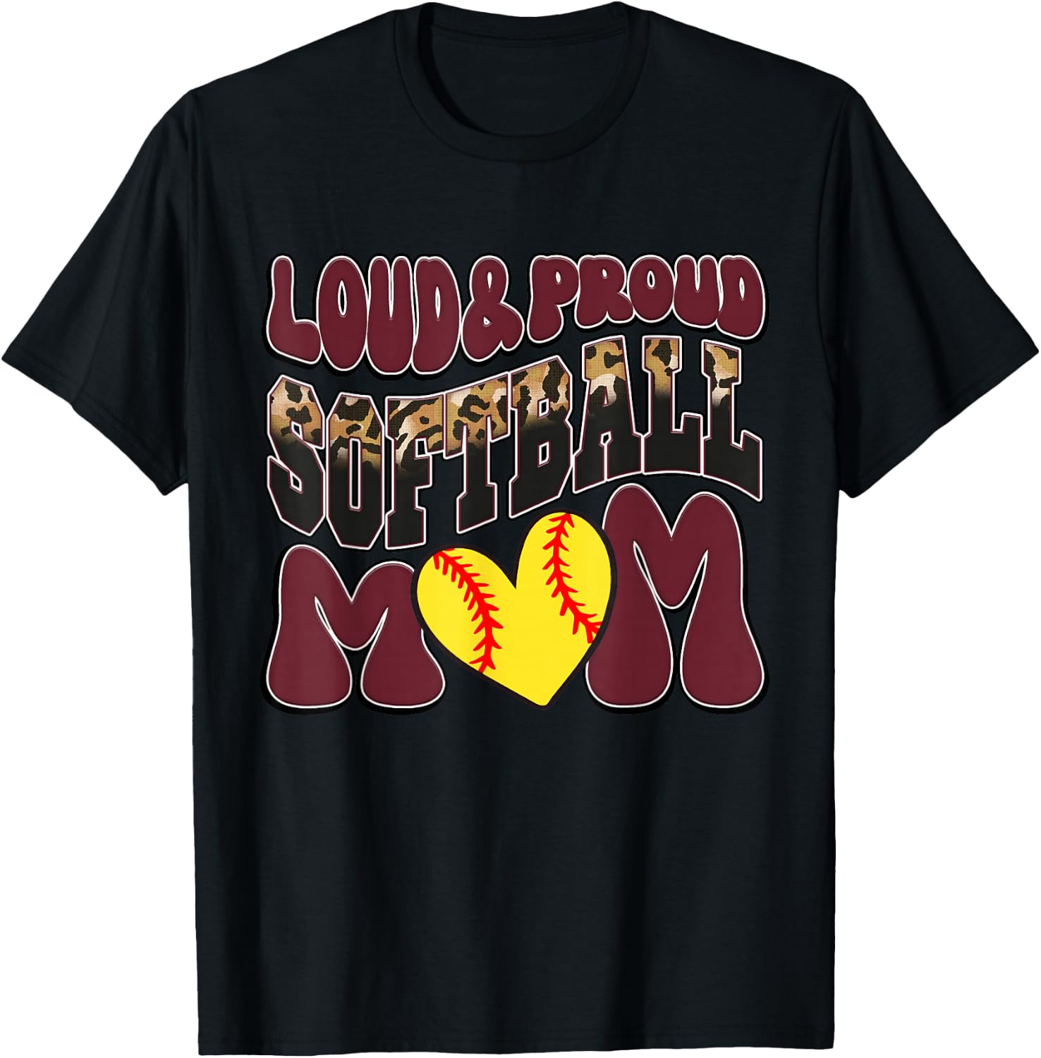 Loud Proud Softball Mom Maroon Team Leopard Softball Mom T-Shirt - T-Shirt | Black