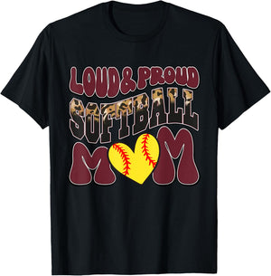 Loud Proud Softball Mom Maroon Team Leopard Softball Mom T-Shirt - T-Shirt | Black