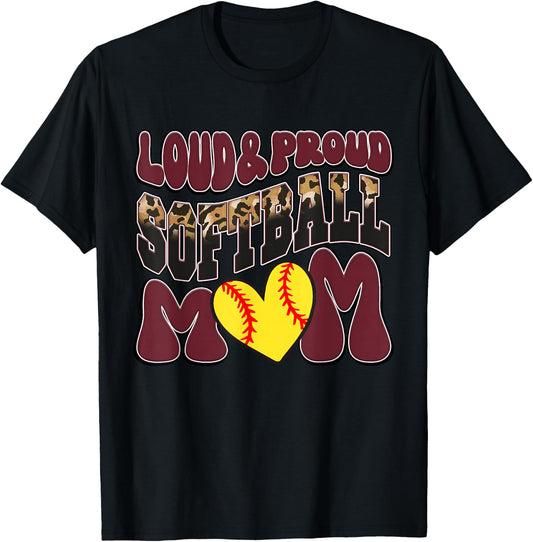 Loud Proud Softball Mom Maroon Team Leopard Softball Mom T-Shirt - T-Shirt | Black