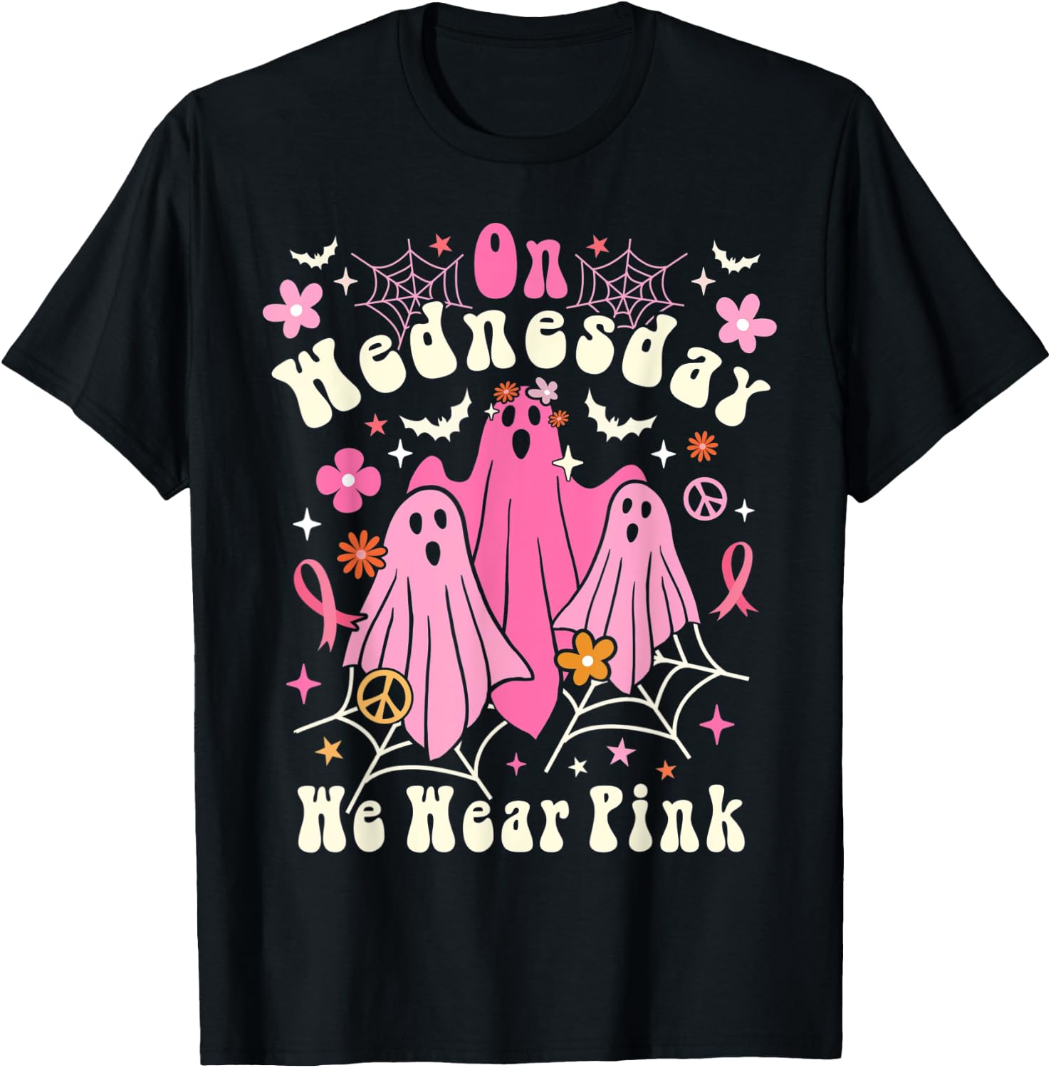 On Wednesday We Wear Pink Ghost Halloween Breast Cancer 2022 T-Shirt - T-Shirt | Black