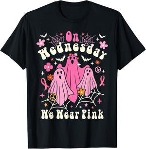 On Wednesday We Wear Pink Ghost Halloween Breast Cancer 2022 T-Shirt - T-Shirt | Black