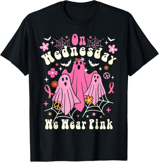 On Wednesday We Wear Pink Ghost Halloween Breast Cancer 2022 T-Shirt - T-Shirt | Black
