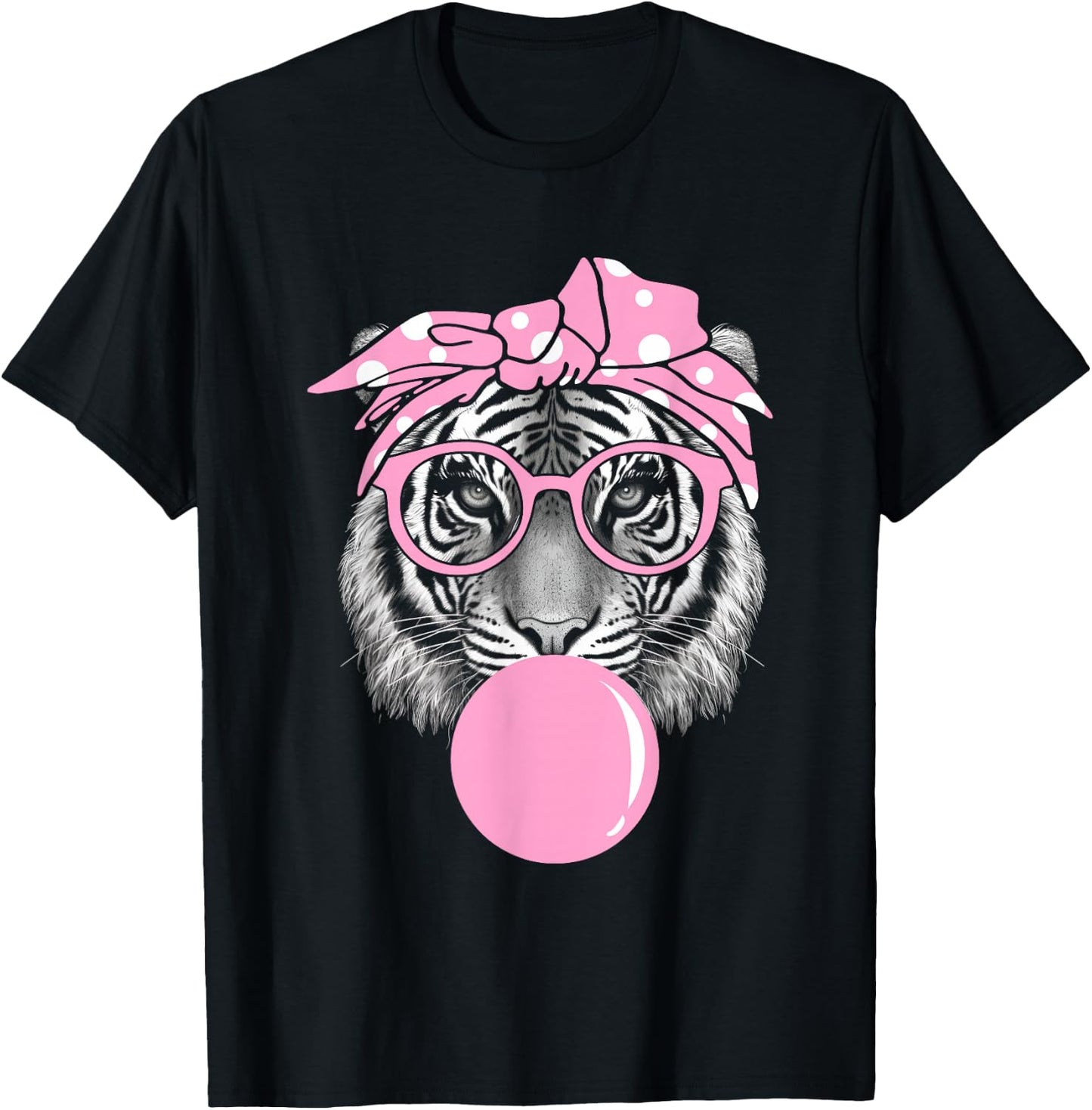 Funny Pink Tiger For Girl Glasses & Pink Bubble Gum T-Shirt - T-Shirt | Black