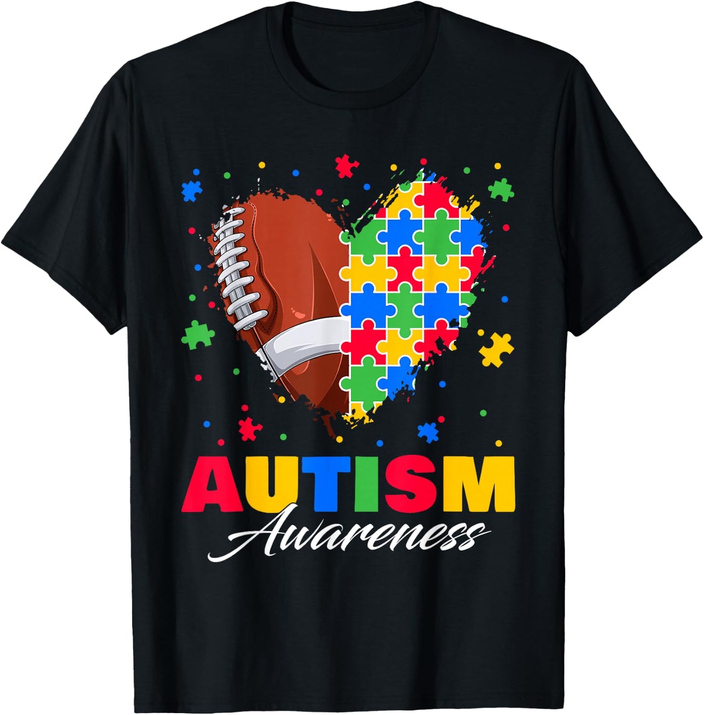 Puzzle Football Ball Heart Autism Awareness Autistic Kids T-Shirt - T-Shirt | Black
