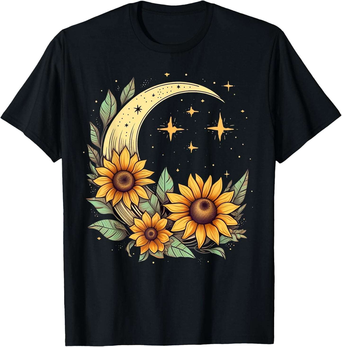 Floral Moon Sunflower on Celestial Sunflower Lunar T-Shirt - T-Shirt | Black