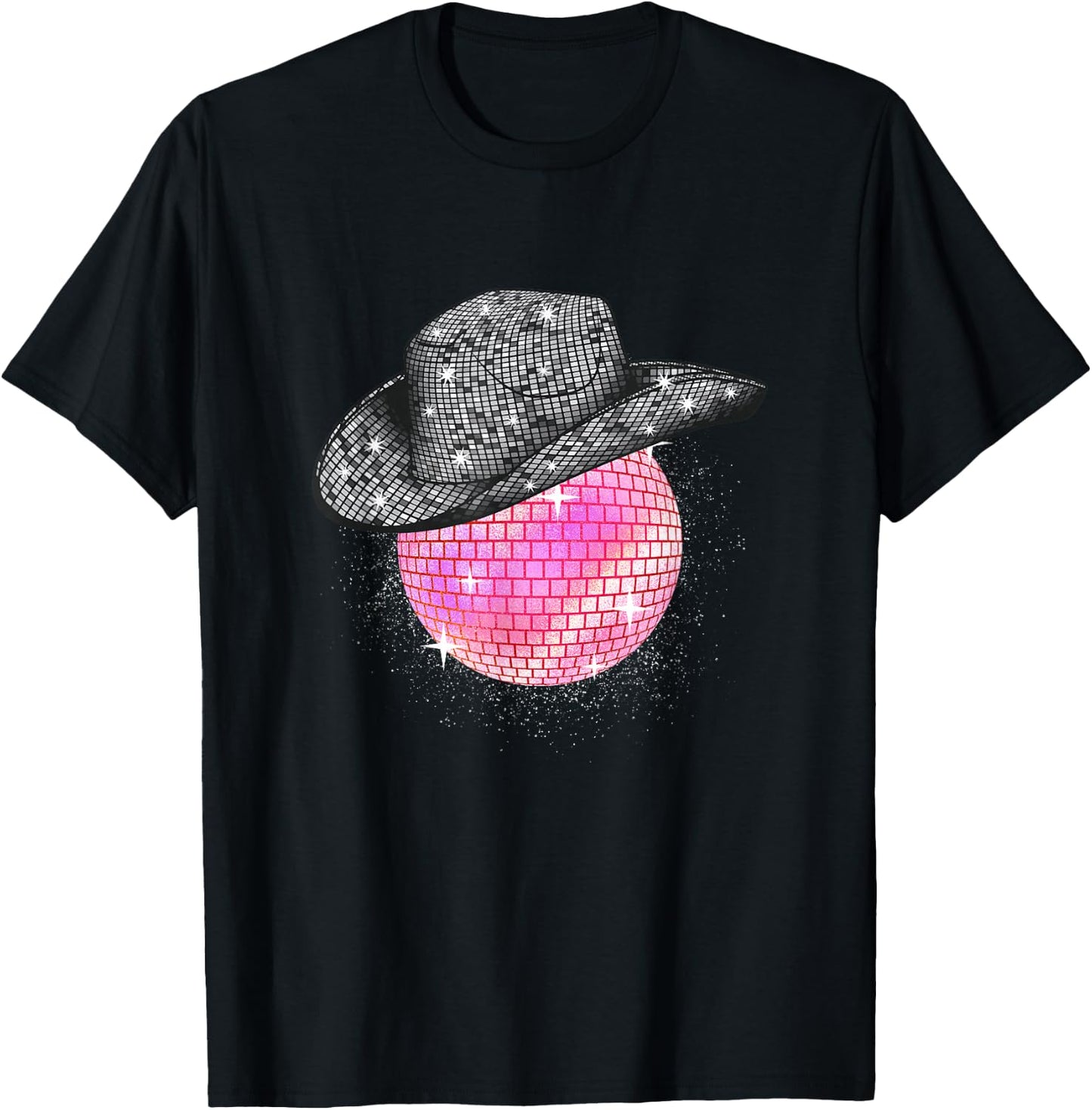 Cowgirl Pink Disco Ball with Cowboy Hat Retro T-Shirt - T-Shirt | Black