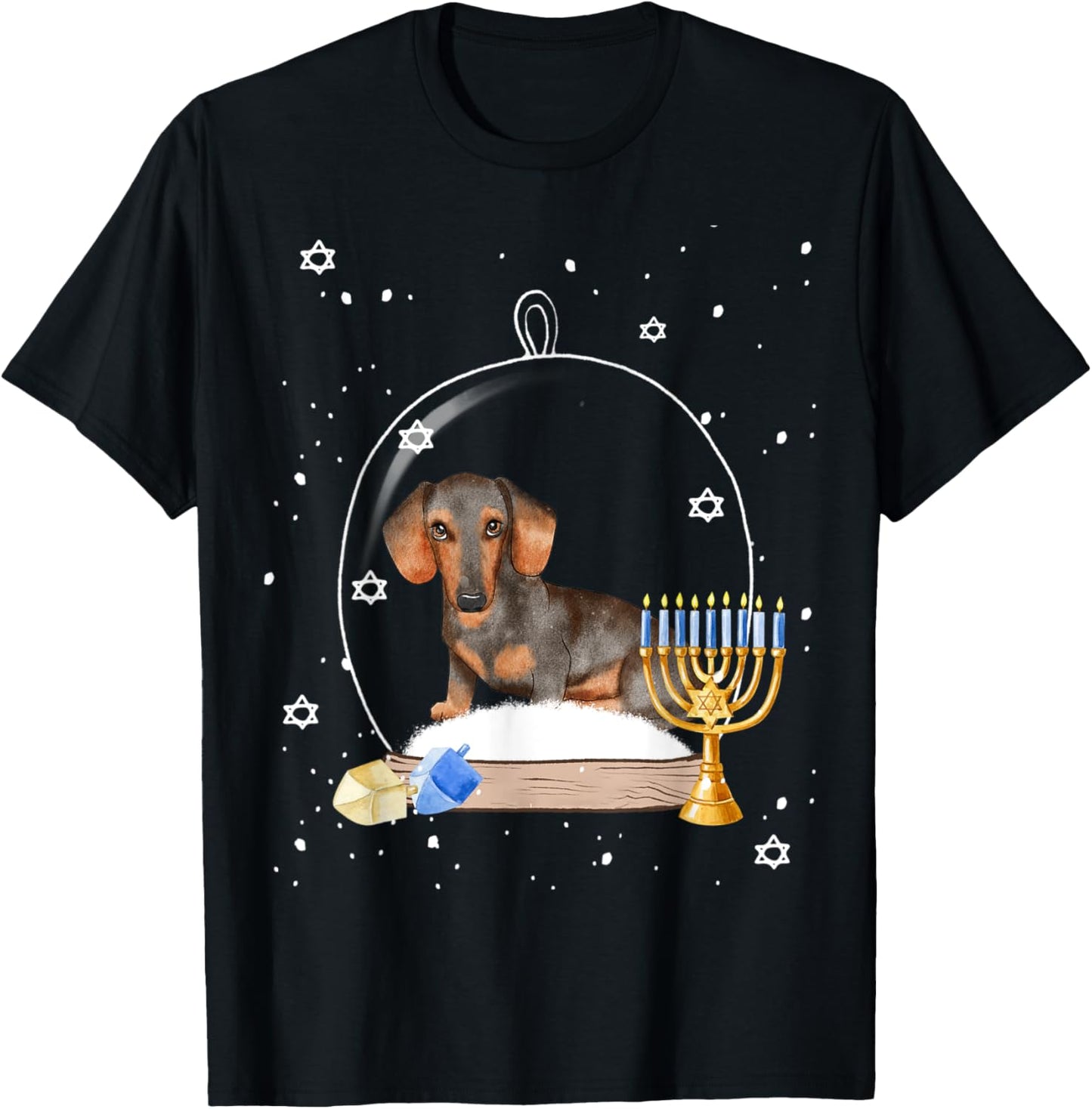 Hanukkah Dachshund Dog Snow Globe Pajama T-Shirt - T-Shirt | Black