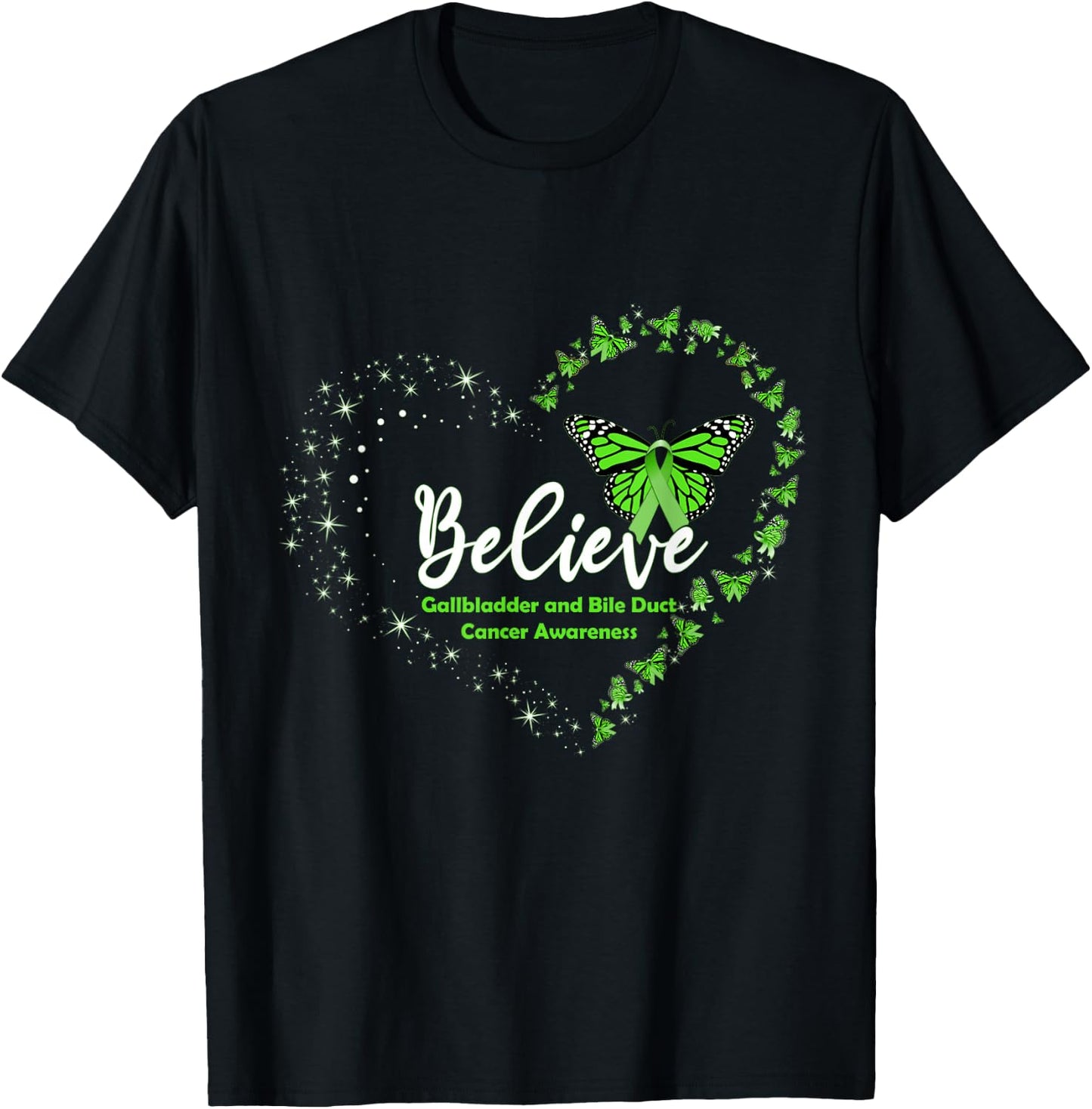 Butterfly Believe Green Ribbon Gallbladder Bile Duct Cancer T-Shirt - T-Shirt | Black