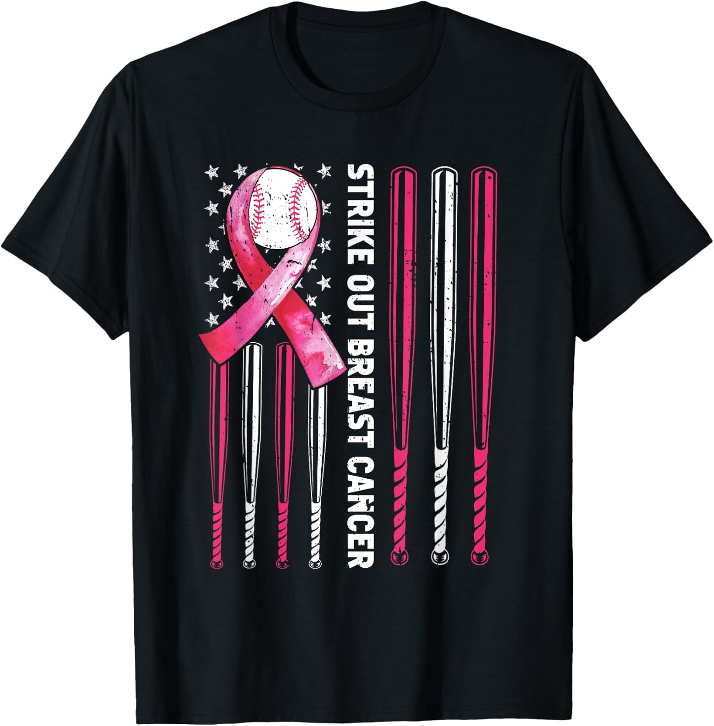 Strike Out Breast Cancer Baseball Lover Pink American Flag T-Shirt - T-Shirt | Black
