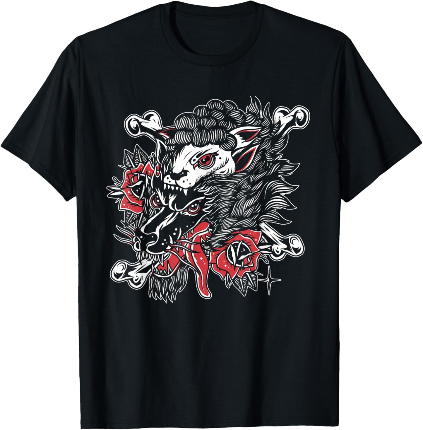 Wolf In Sheep's Clothing American Traditional Tattoo Flash T-Shirt - T-Shirt | Black