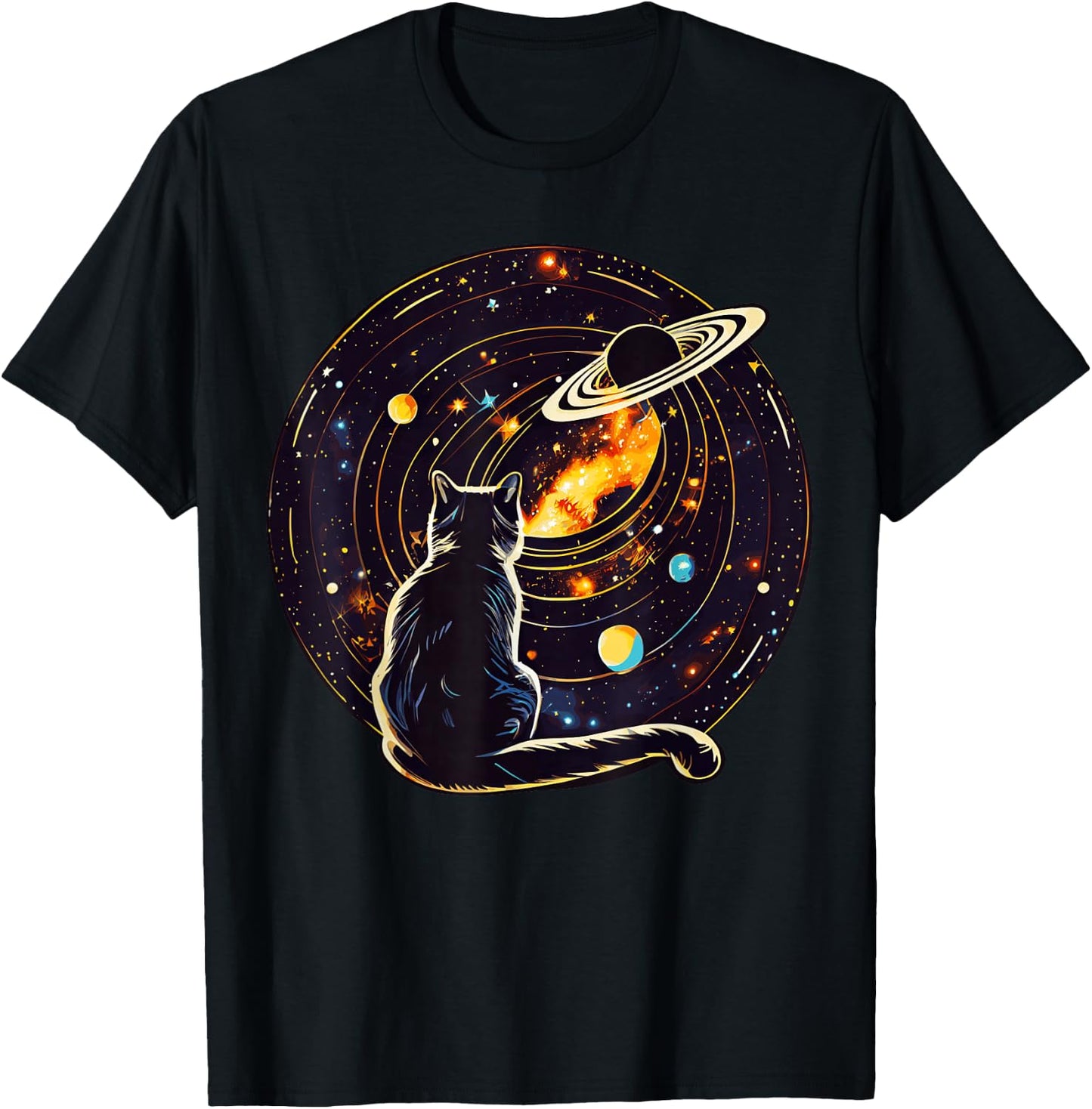 Cat Dad, Lover : Cat Staring at Planet Saturn T-Shirt - T-Shirt | Black