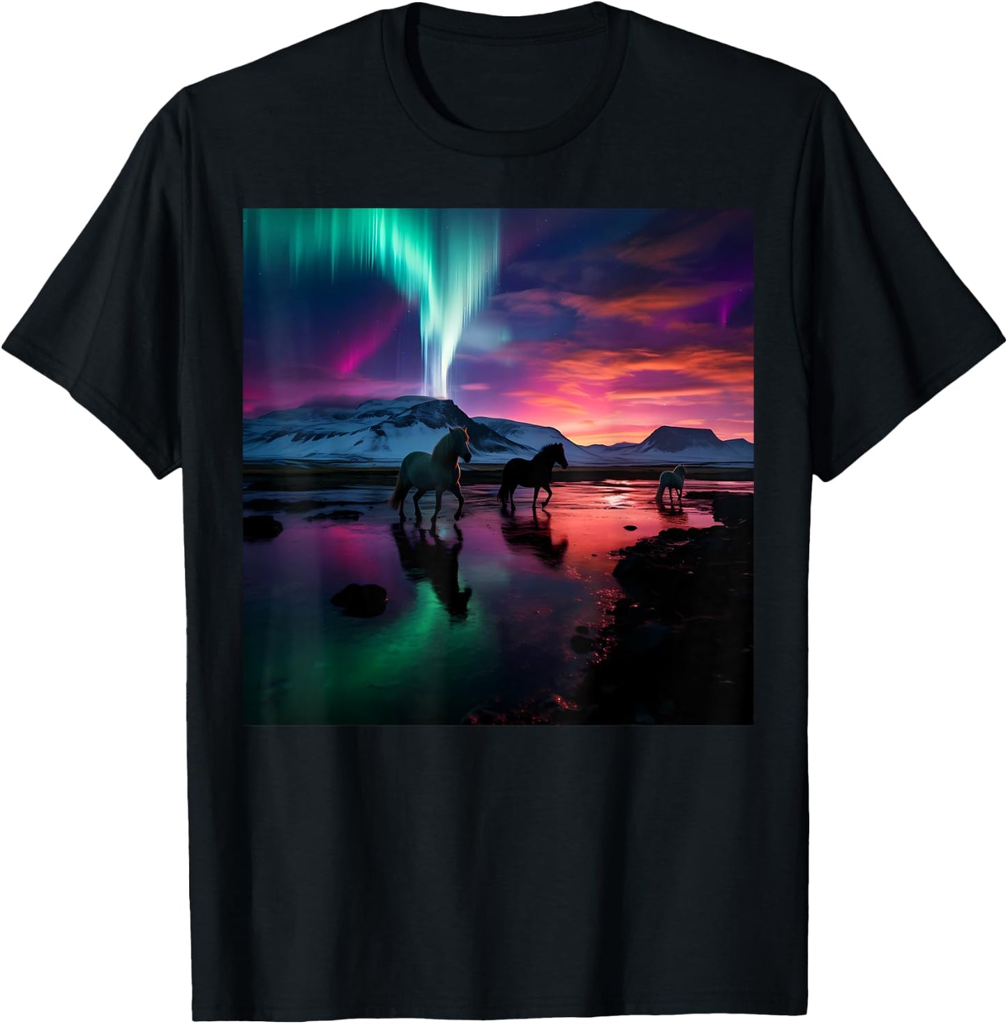 Iceland Northern Lights Aurora Borealis Horse Graphic Design T-Shirt - T-Shirt | Black