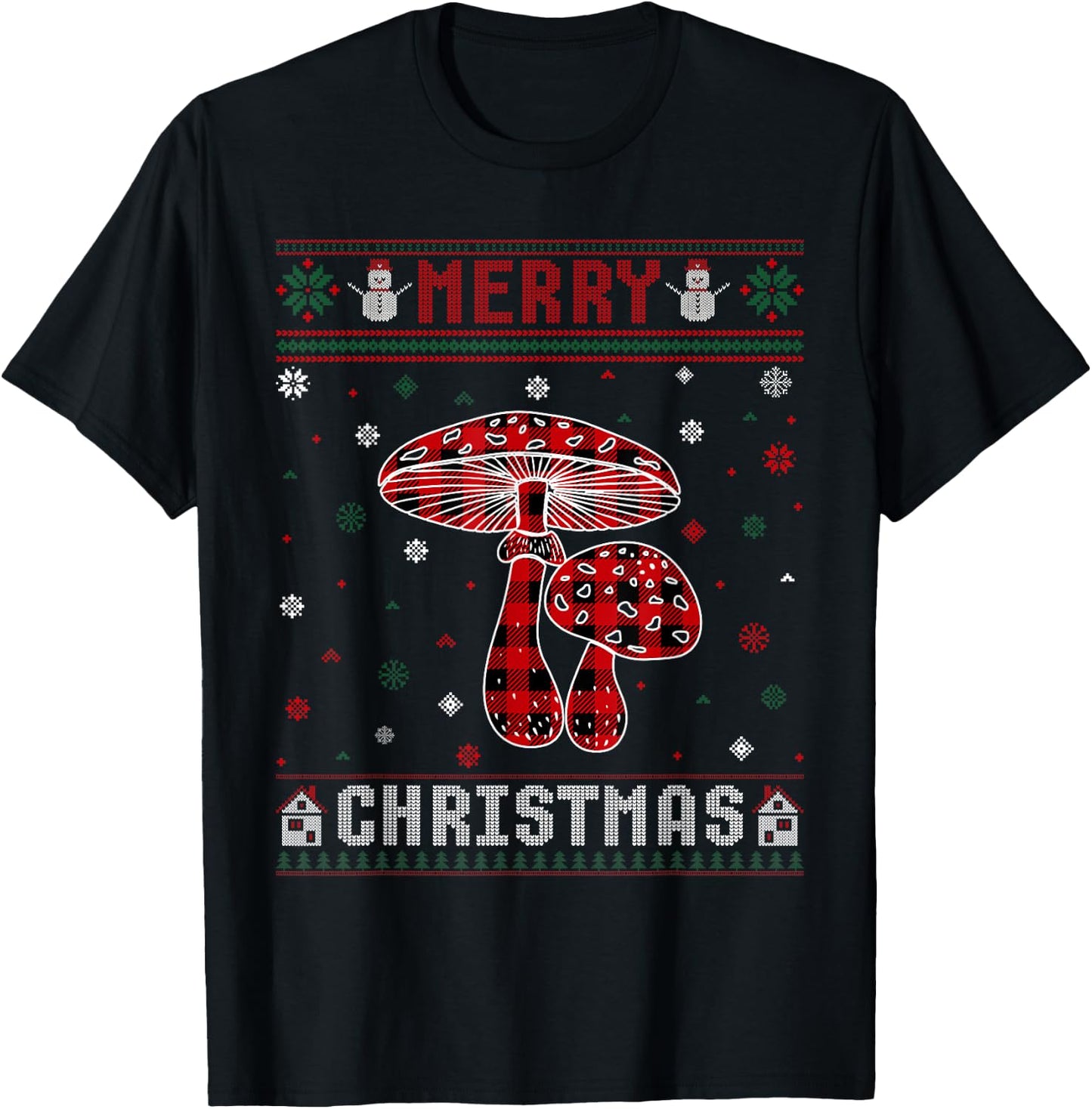 Ugly Christmas Sweater Mushroom Buffalo Plaid Red Xmas T-Shirt - T-Shirt | Black
