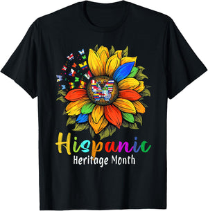Sunflower Latin Countries Flags Hispanic Heritage Month T-Shirt - T-Shirt | Black